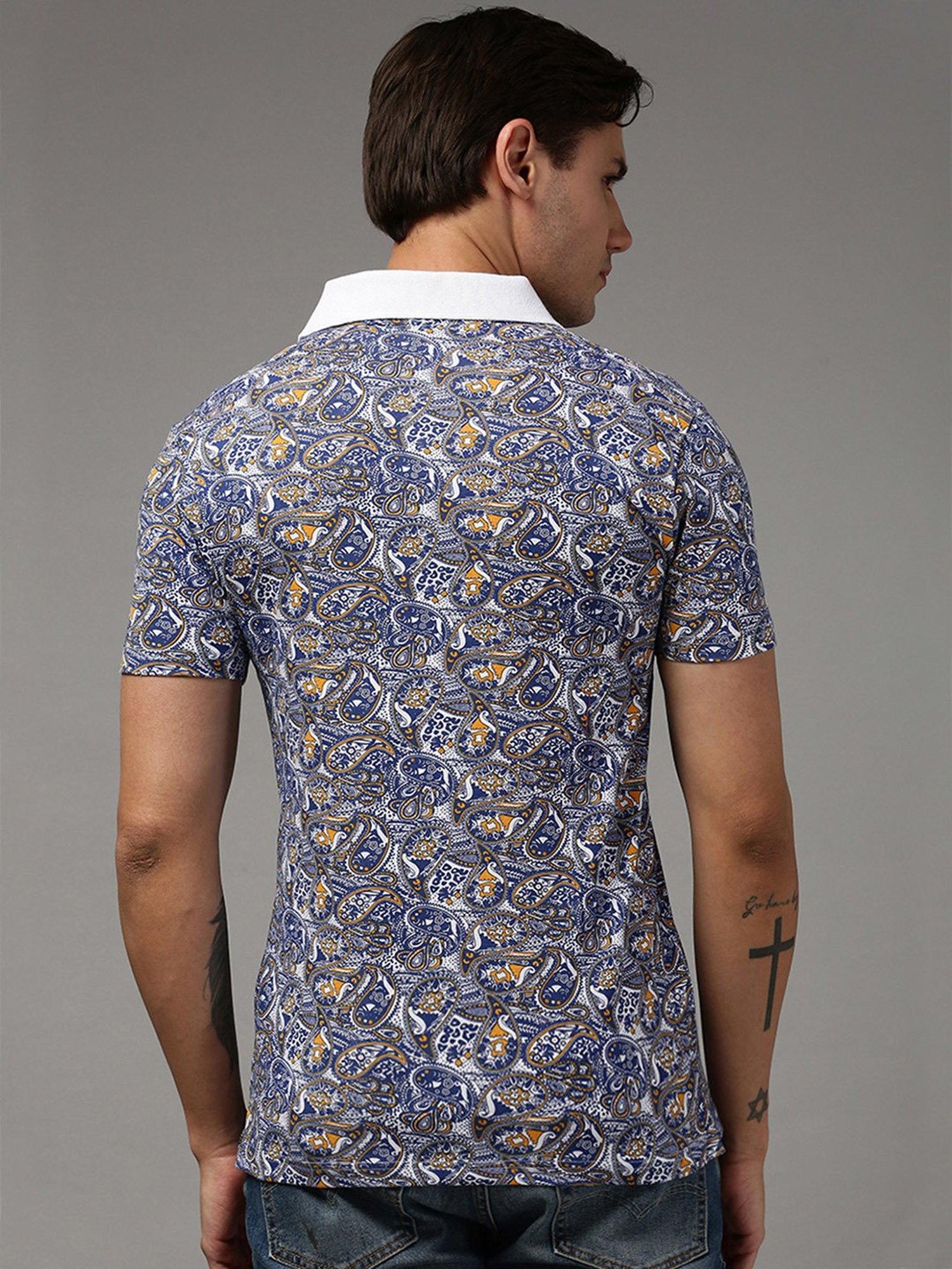 Kryptic White & Blue Regular Fit Printed Polo T-Shirt