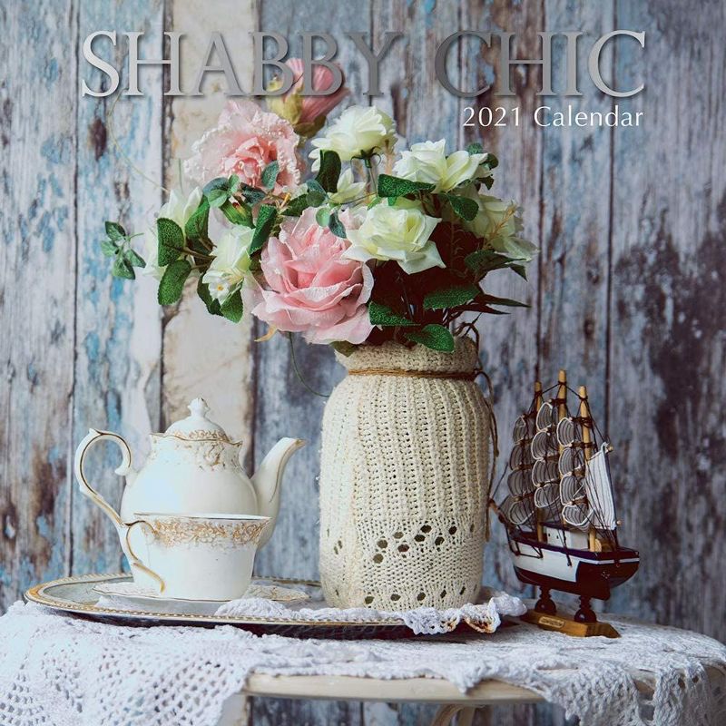 The Gifted Stationery 2021 Wall Calendar 12" x 12" Monthly View, Shabby Chic, 16-Month, with 180 Reminder Stickers