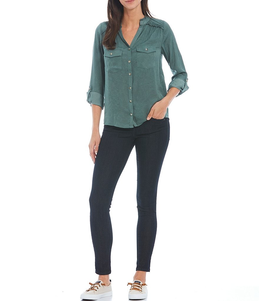 Democracy Solid Woven V-Neck 3/4 Roll-Tab Sleeve Button Down Shirt