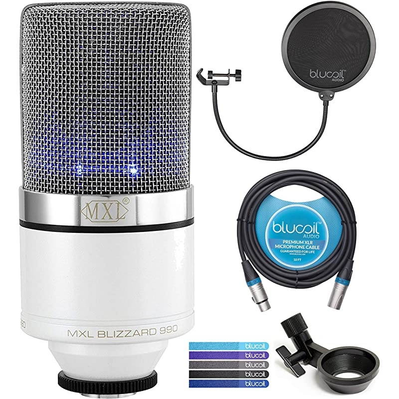MXL 990 Blizzard Condenser Microphone with Blue LED Lights Bundle with  10-FT Balanced XLR Cable, Pop Filter Windscreen, and 5-Pack of Reusable Cable Ties