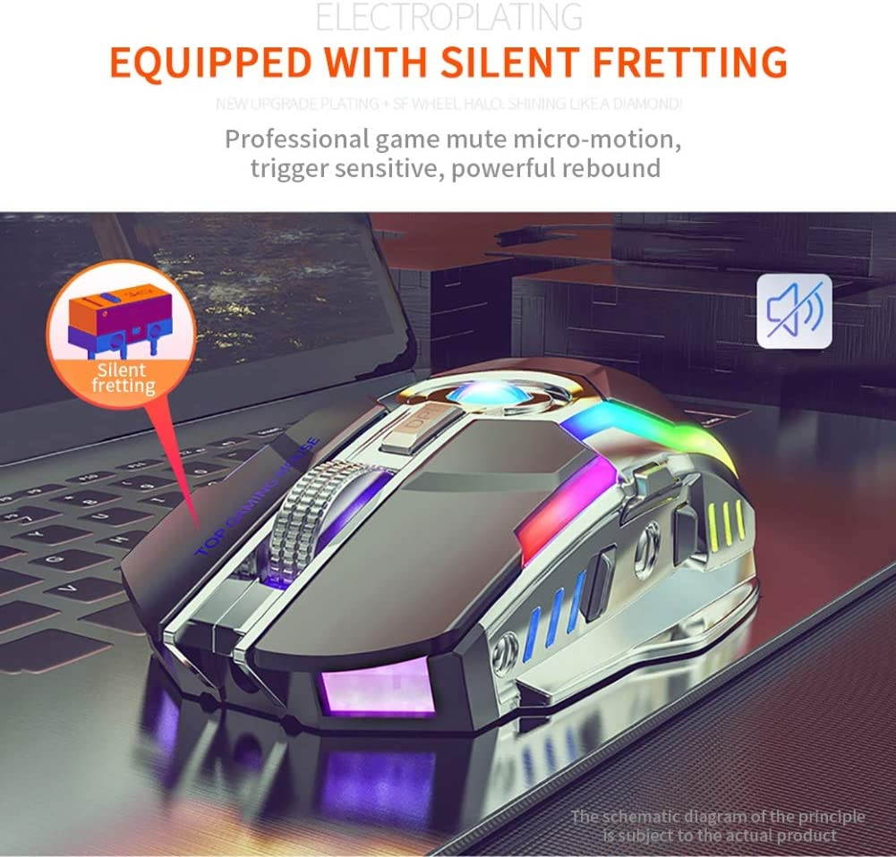 CUUWE Wireless Gaming Mouse2.4G, A5 Ergonomic RGB Backlit 7 Buttons 1600DPI Rechargeable Silent Cordless Mouse for PC Laptop
