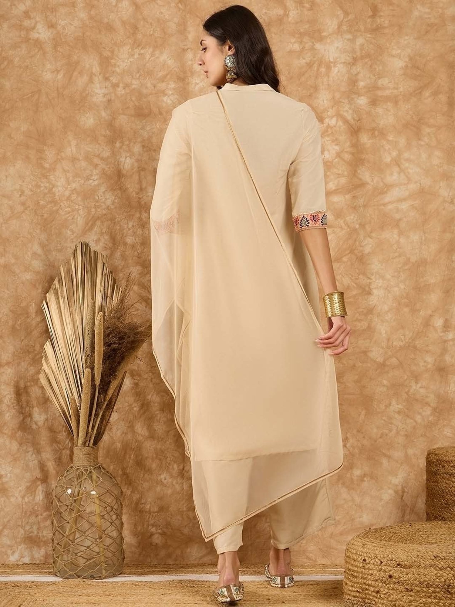 Ziyaa Beige Embroidered Kurta With Palazzo & Dupatta