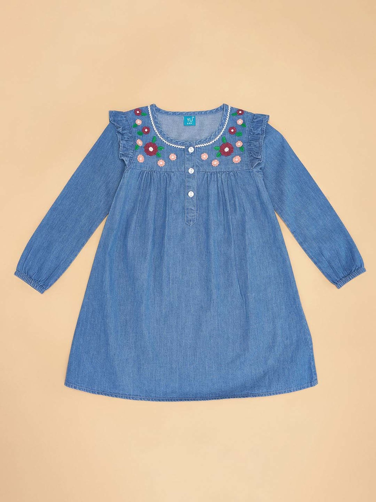 YU by Pantaloons Kids Blue Cotton Embroidered Dress