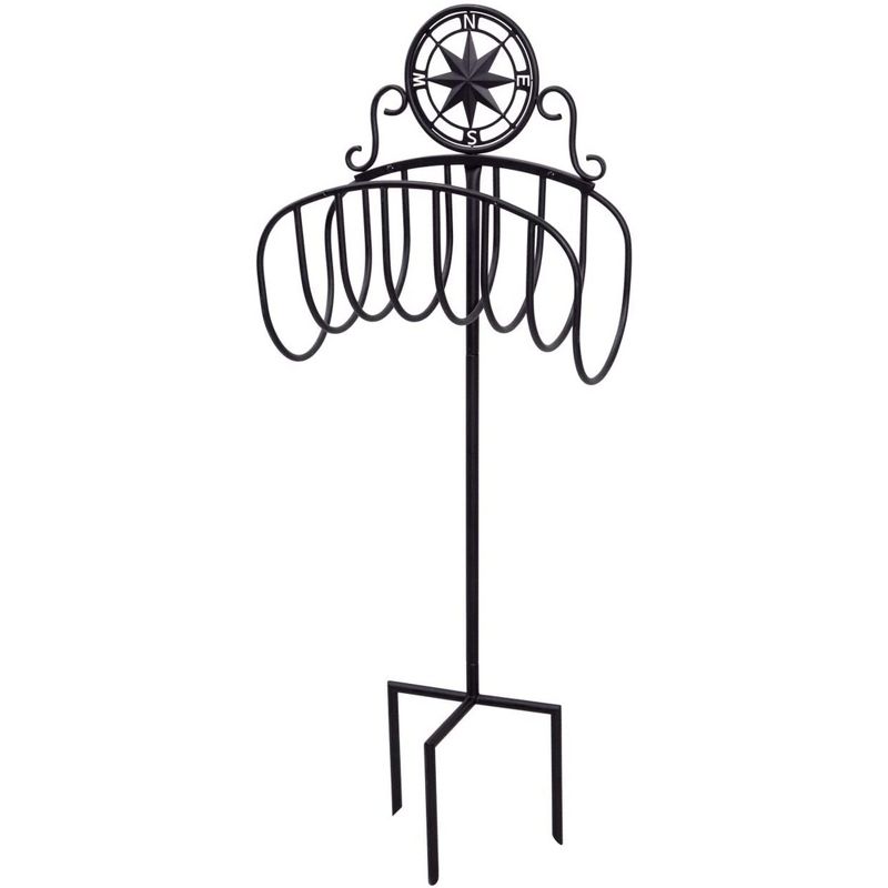 Liberty Garden Decorative Manger Style Water Hose Stand Holder Hanger with Compass Top for Backyard with Heavy Duty 3 Prong Anchor Support, Black
