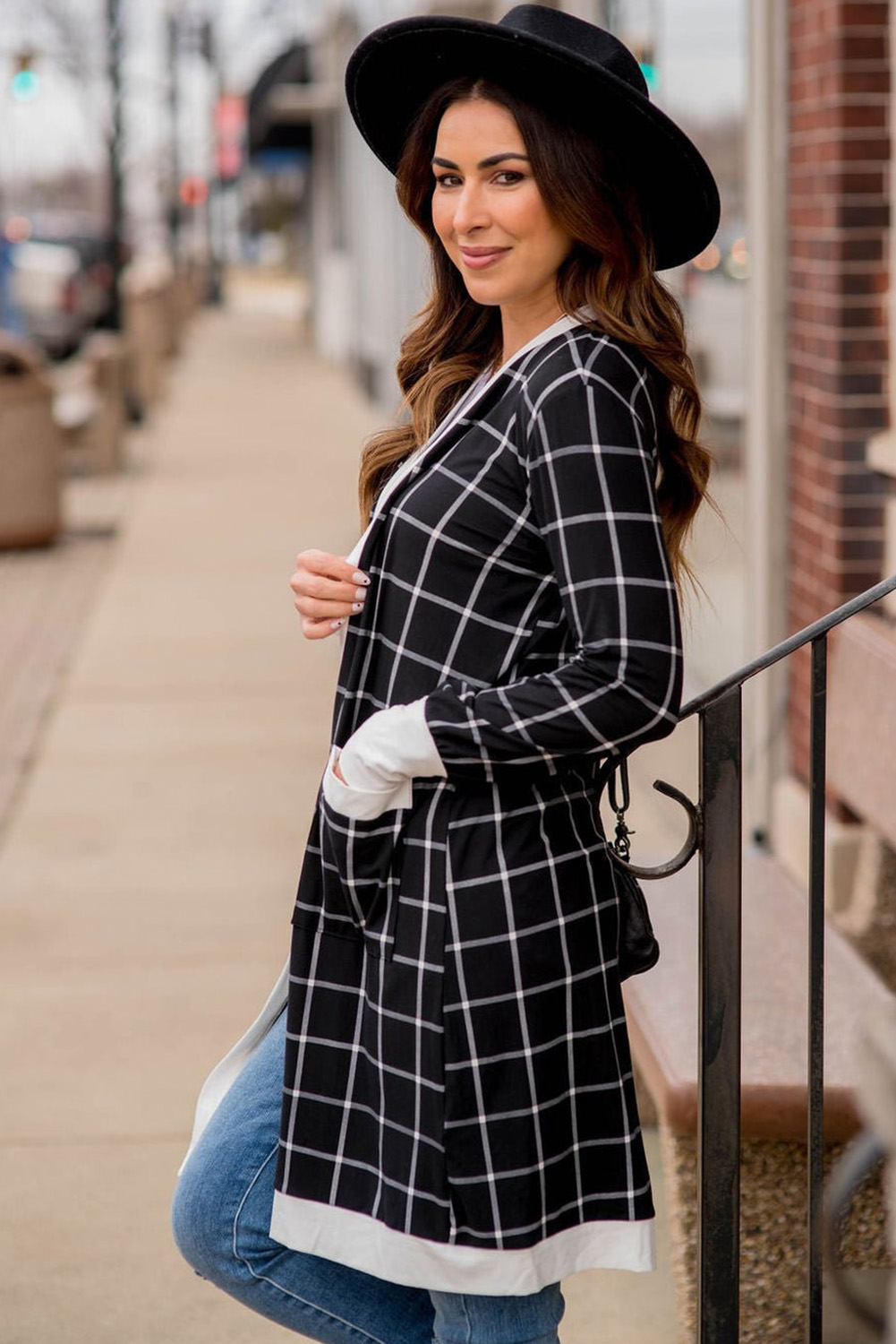 Black Plaid Casual Contrast Trim Knit Cardigan
