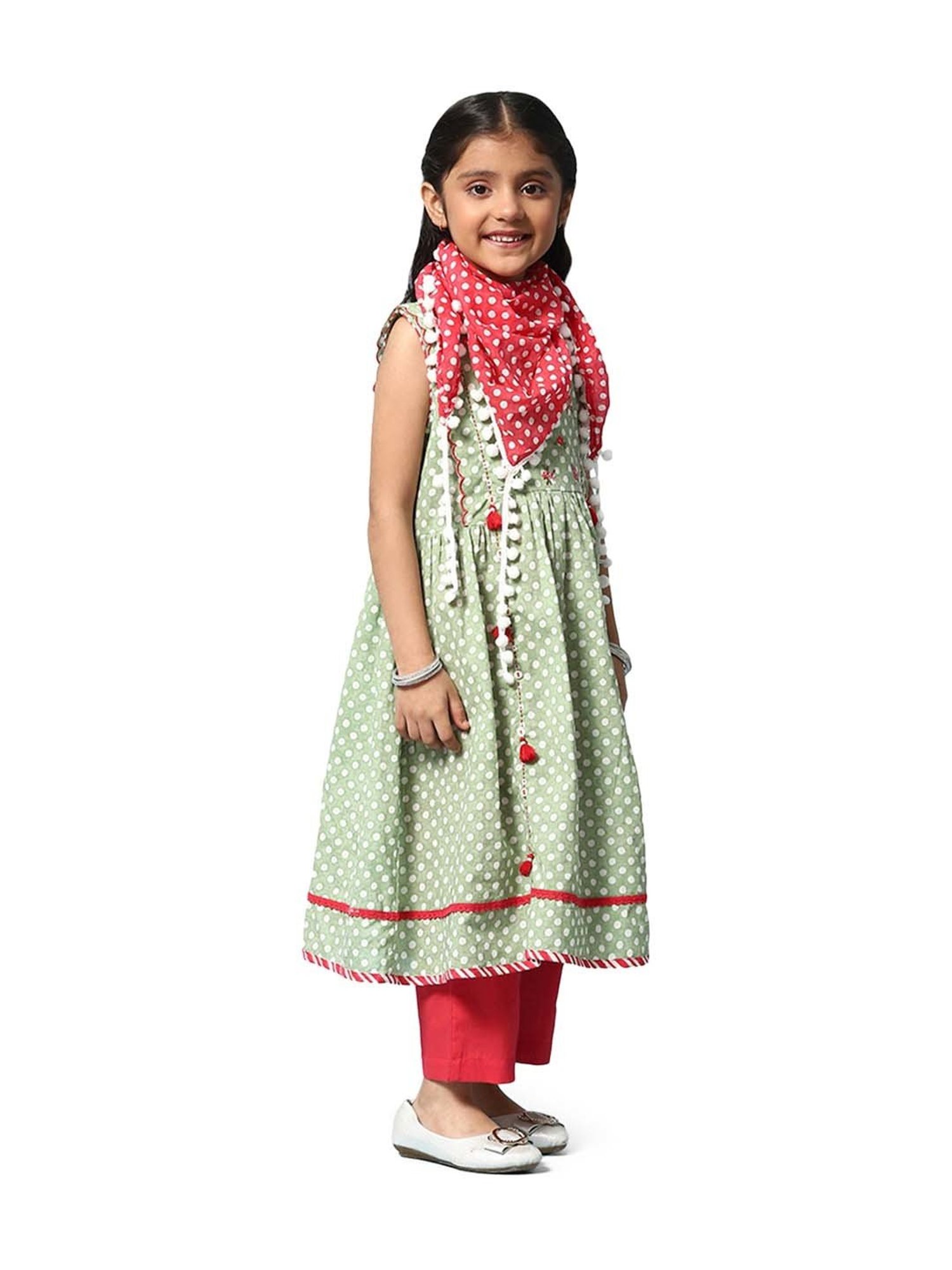 BIBA Girls Green & Red Cotton Printed Kurta Set