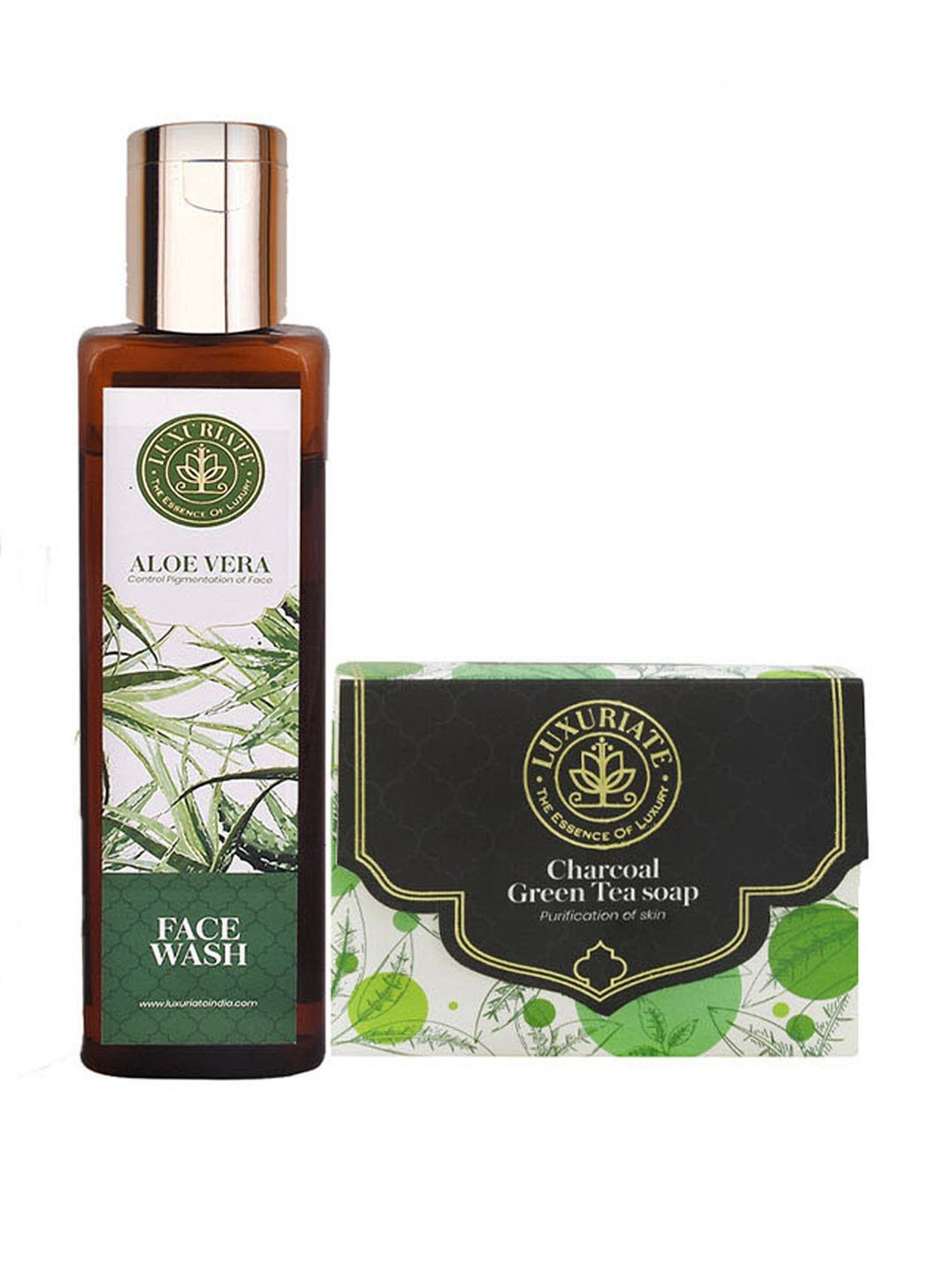 Luxuriate Charcoal Green Tea Soap and Herbal Aloe Vera Face Wash Combo