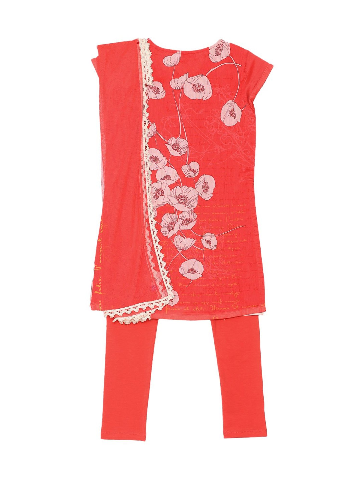 BIBA Girls Red Printed Kurta, Leggings with Duppatta