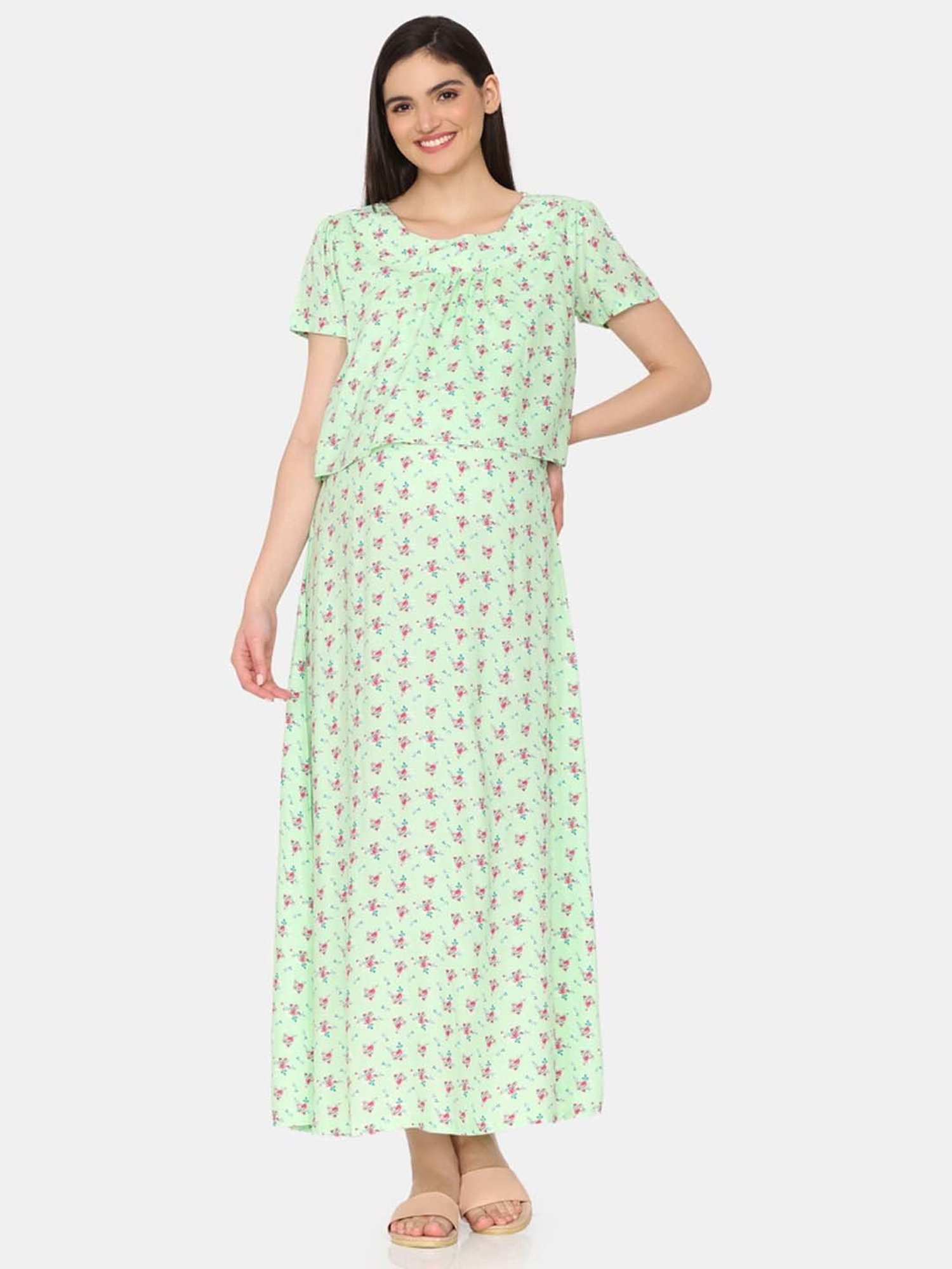 Coucou by Zivame Lime Green Printed Maternity Nighty