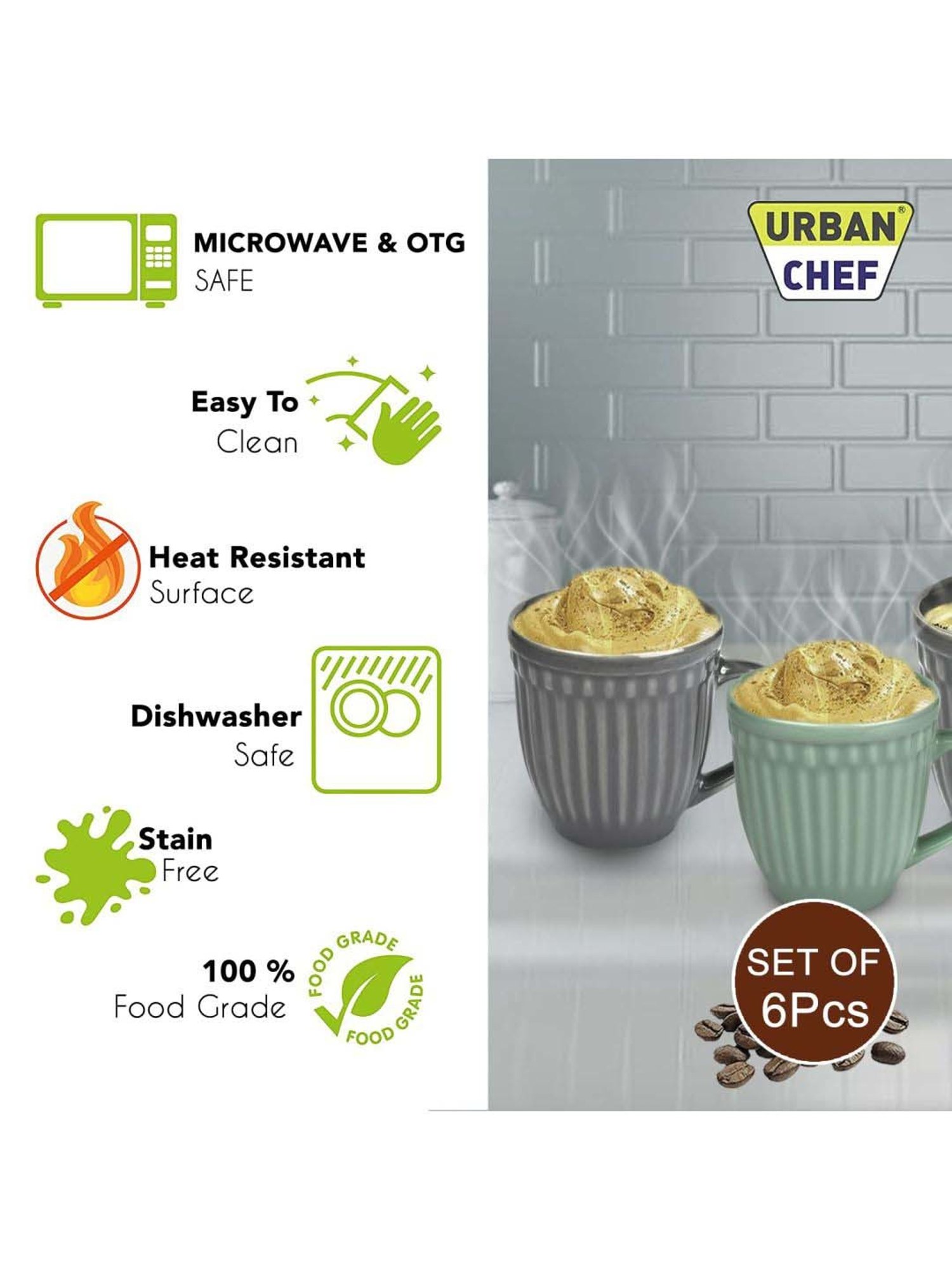 Urban Chef Grey & Green Ceramic Handcrafted Microwave Safe Tea Cup - Set of 6