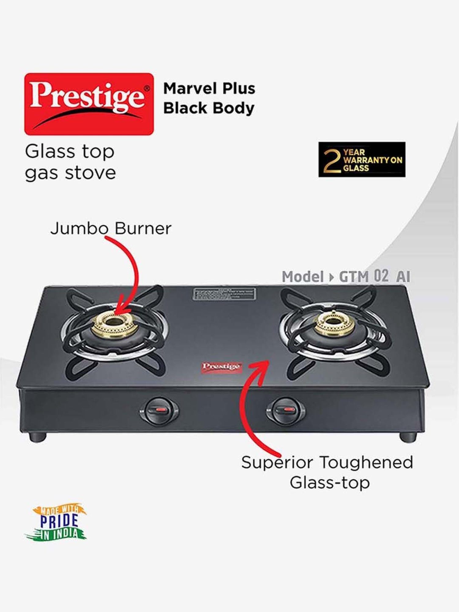 Pigeon Blackline Smart Black Glass Manual Gas Stove (2 Burners)