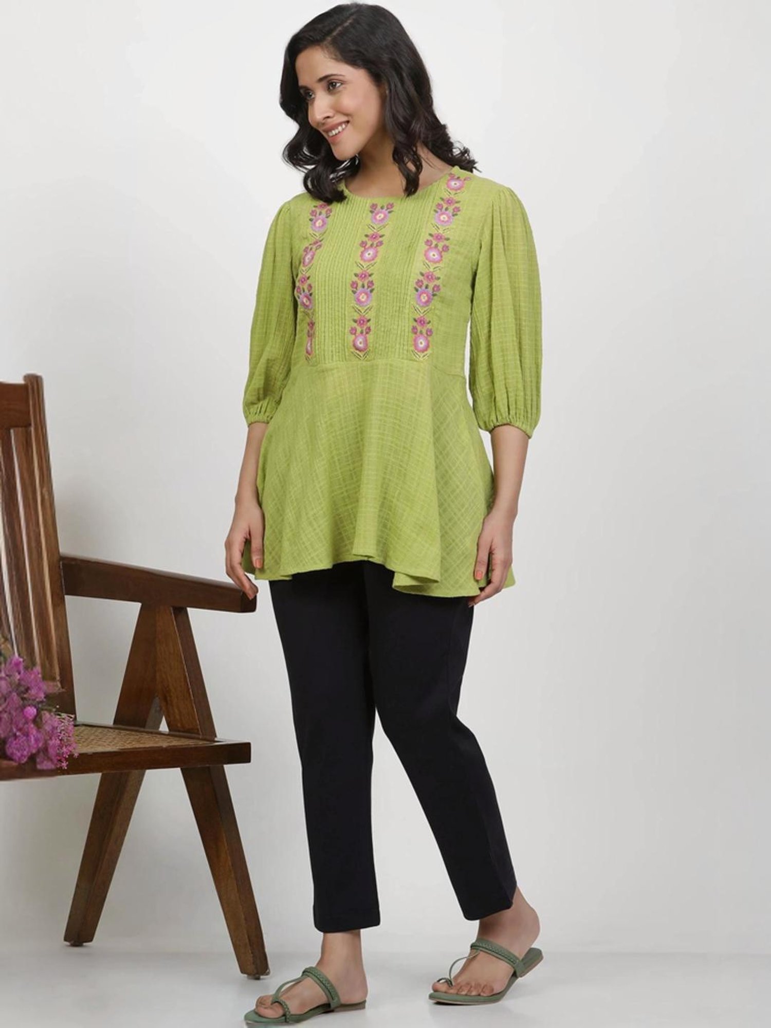 W Green Cotton Embroidered Top