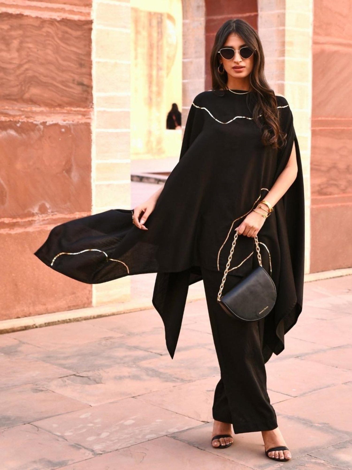 Gulaal Black Tiana Off Shoulder Kaftaan With Pant