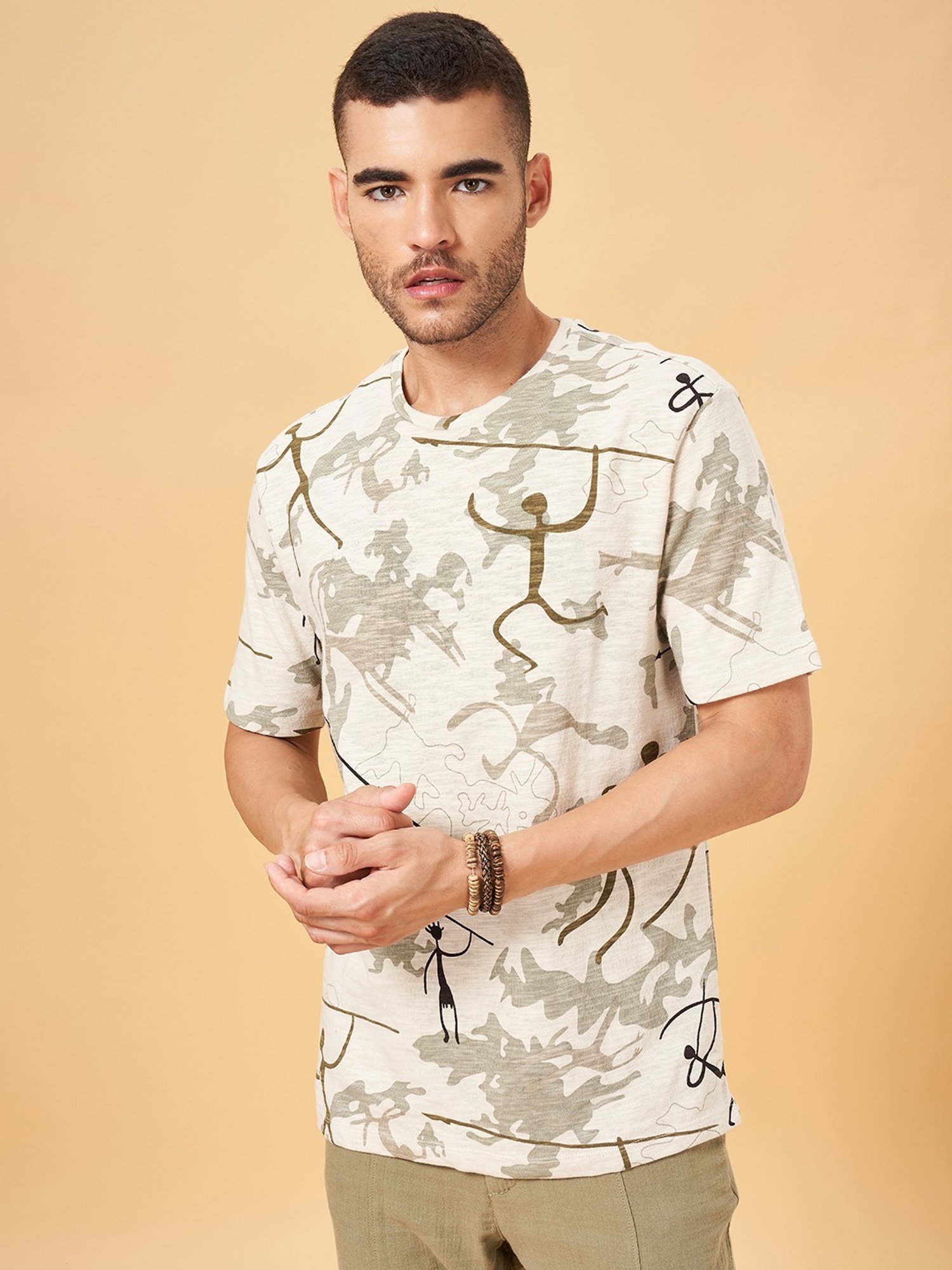 7 Alt by Pantaloons Beige Cotton Relaxed Fit Printed T-Shirt