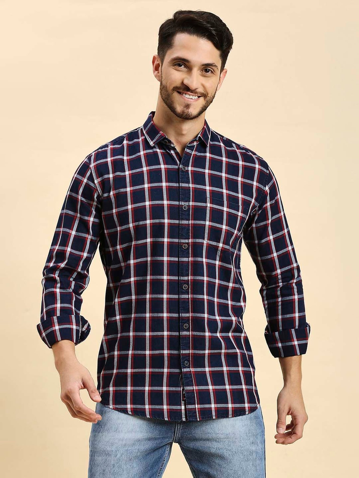 HJ HASASI Navy Slim Fit Check Cotton Shirt