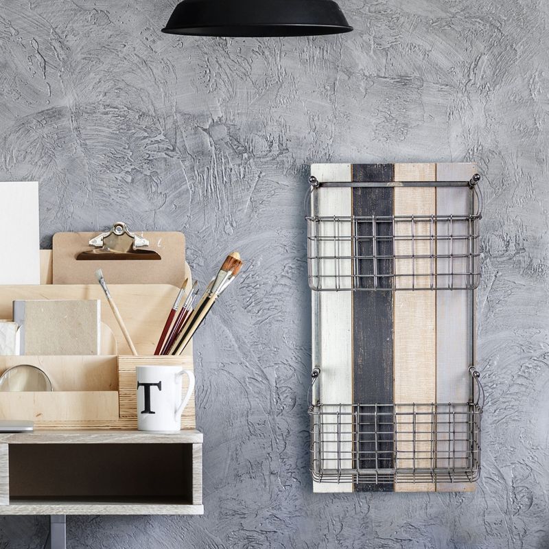 24" x 12" x 6.3" Double Pocket Wire Metal & Wood Wall Storage Basket & Mail Organizer - American Art Decor
