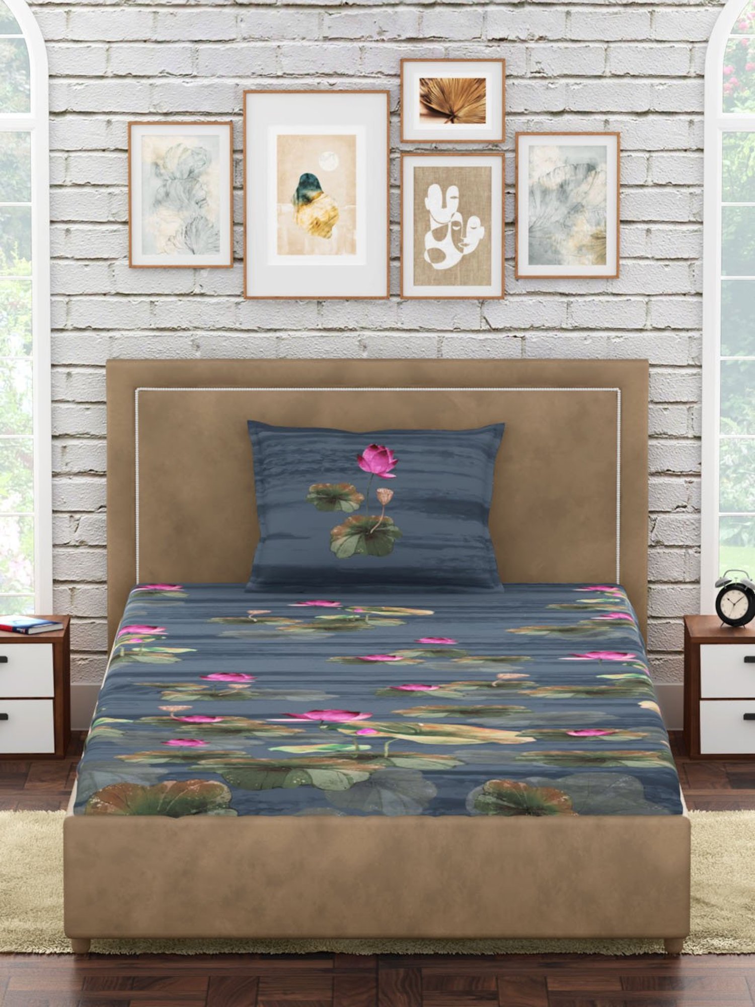 Petal Home Lotus Floral Blue 300 TC Cotton Single Bed Sheet with 1 Pillow Cover