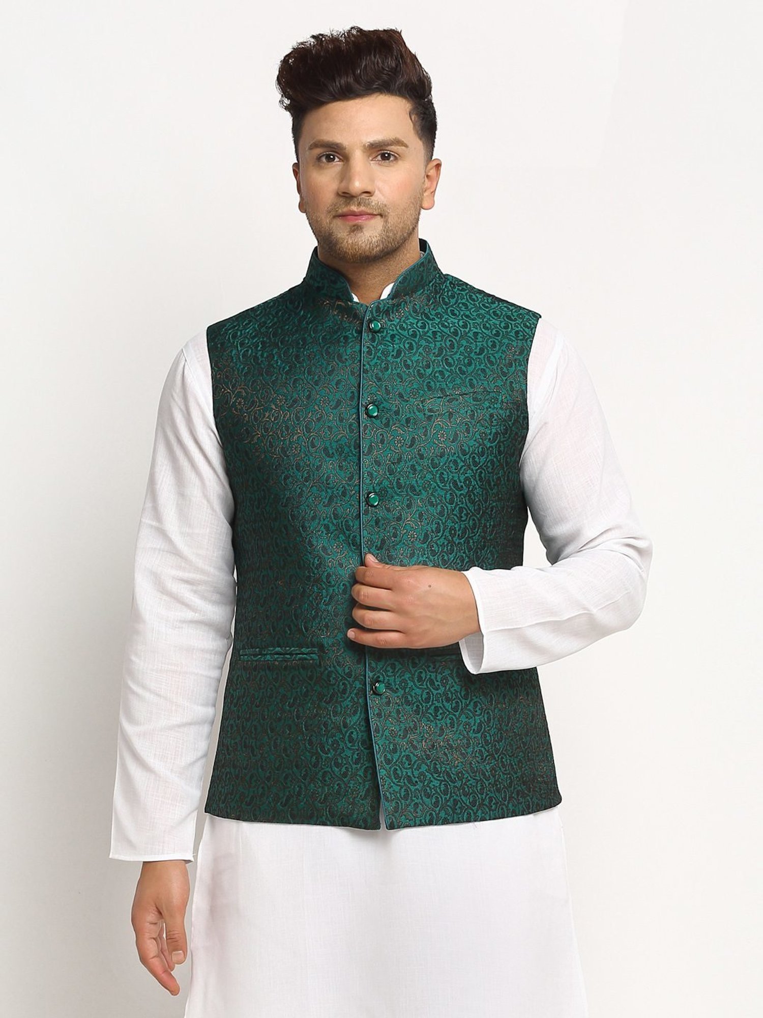 Treemoda Bottle Green Regular Fit Self Pattern Nehru Jacket