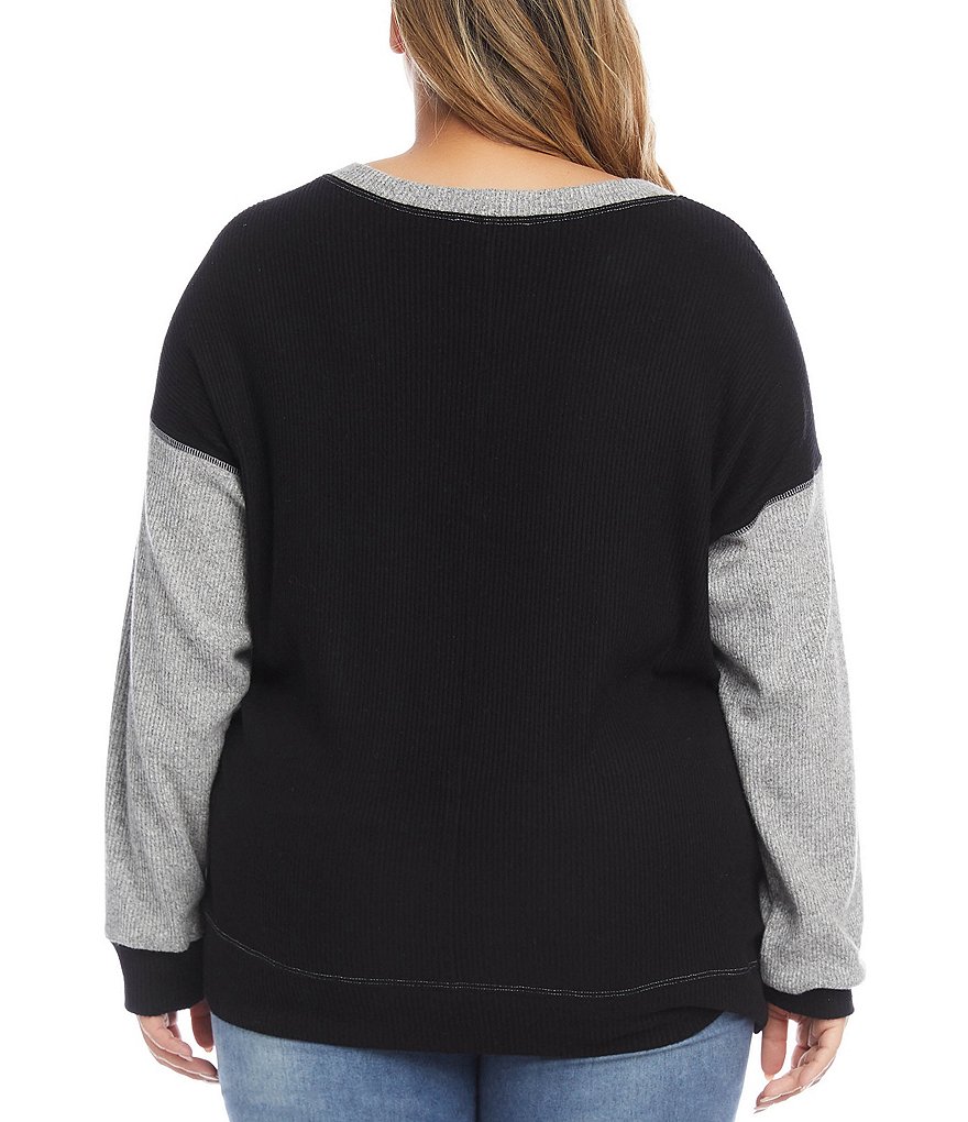 Karen Kane Plus Size Embellished Star Detail Brushed Rib Knit Colorblock Drop Shoulder Long Sleeve Jewel Neck Top