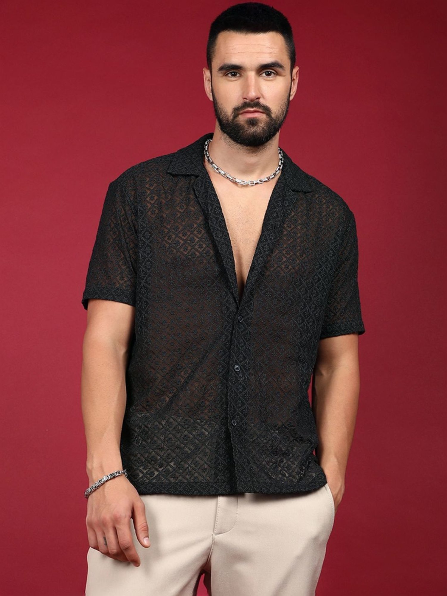 Campus Sutra Black Regular Fit Embroidered Shirt