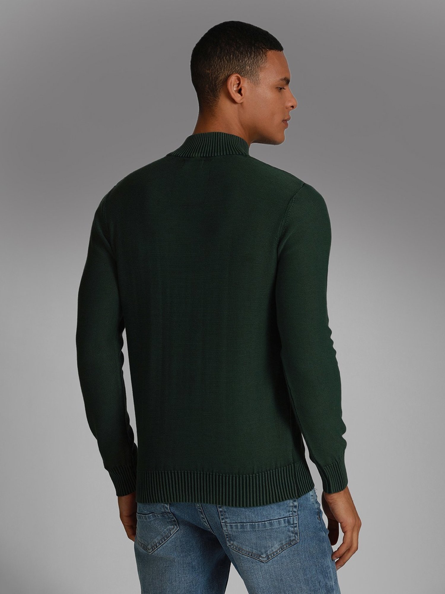 High Star Green Cotton Regular Fit Self Pattern Sweater