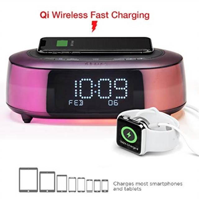 ihome ibtw281 alarm clock radio wake to light bluetooth speaker with color changing and wireless qi fast charging builtin dual alarm digital clock with dimmer, snooze, battery backup and usb charging