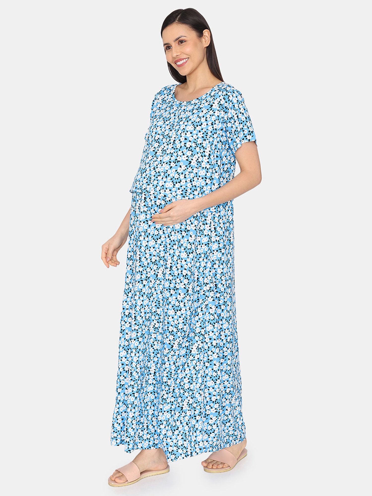 Coucou by Zivame Blue & White Printed Maternity Nighty