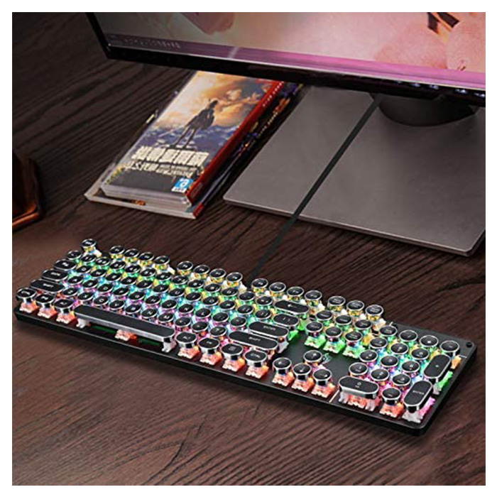 USB LED Backlit Retro Typewriter Mechanical Keyboard -Blue Switch - Round Keycaps -104 Keys Vintage Inspired Steampunk Gaming Keyboard Mechanical Gaming Keyboard for PC/Mac/Gamer/Typ