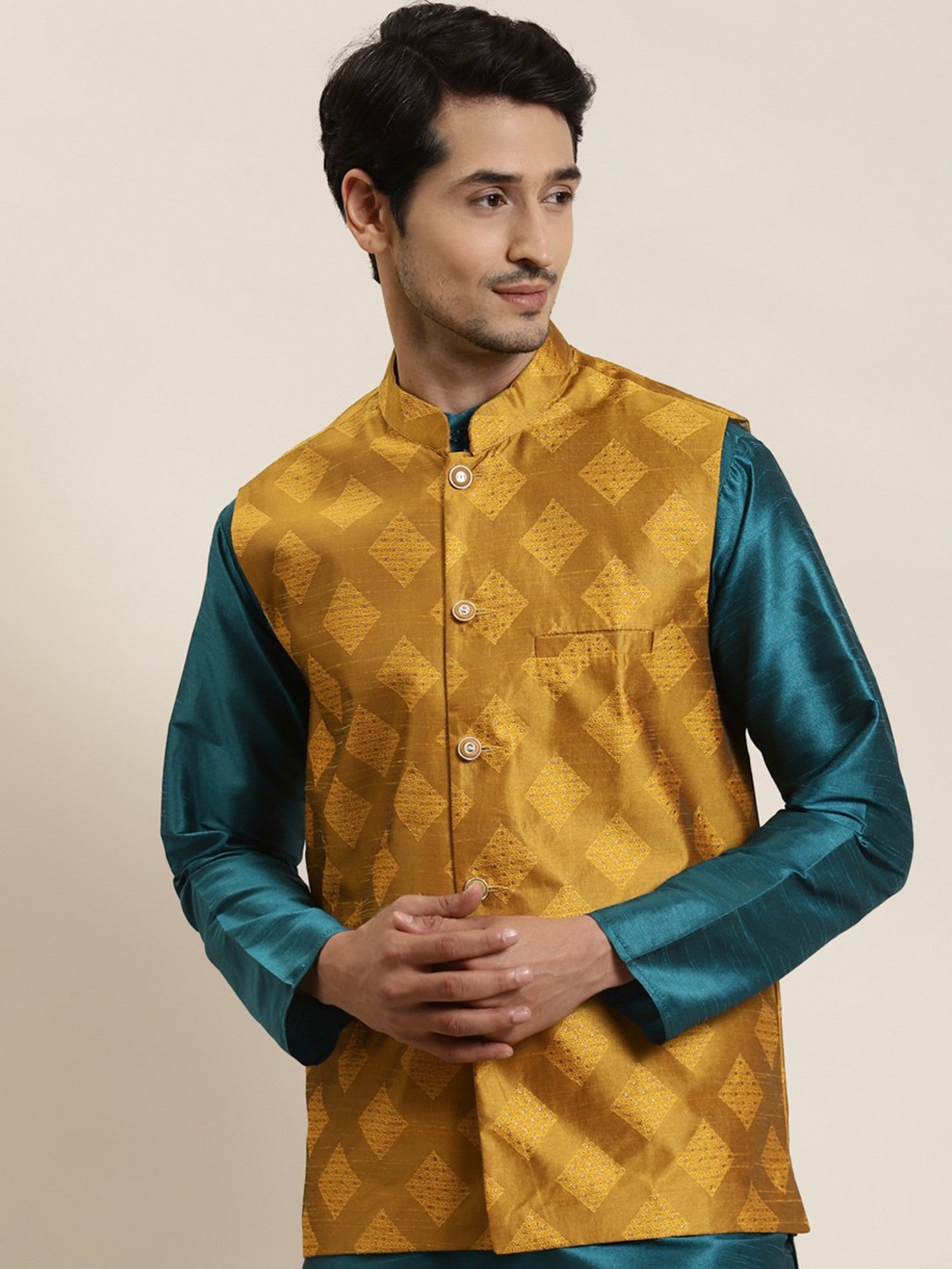 Sojanya Yellow Regular Fit Self Pattern Nehru Jacket