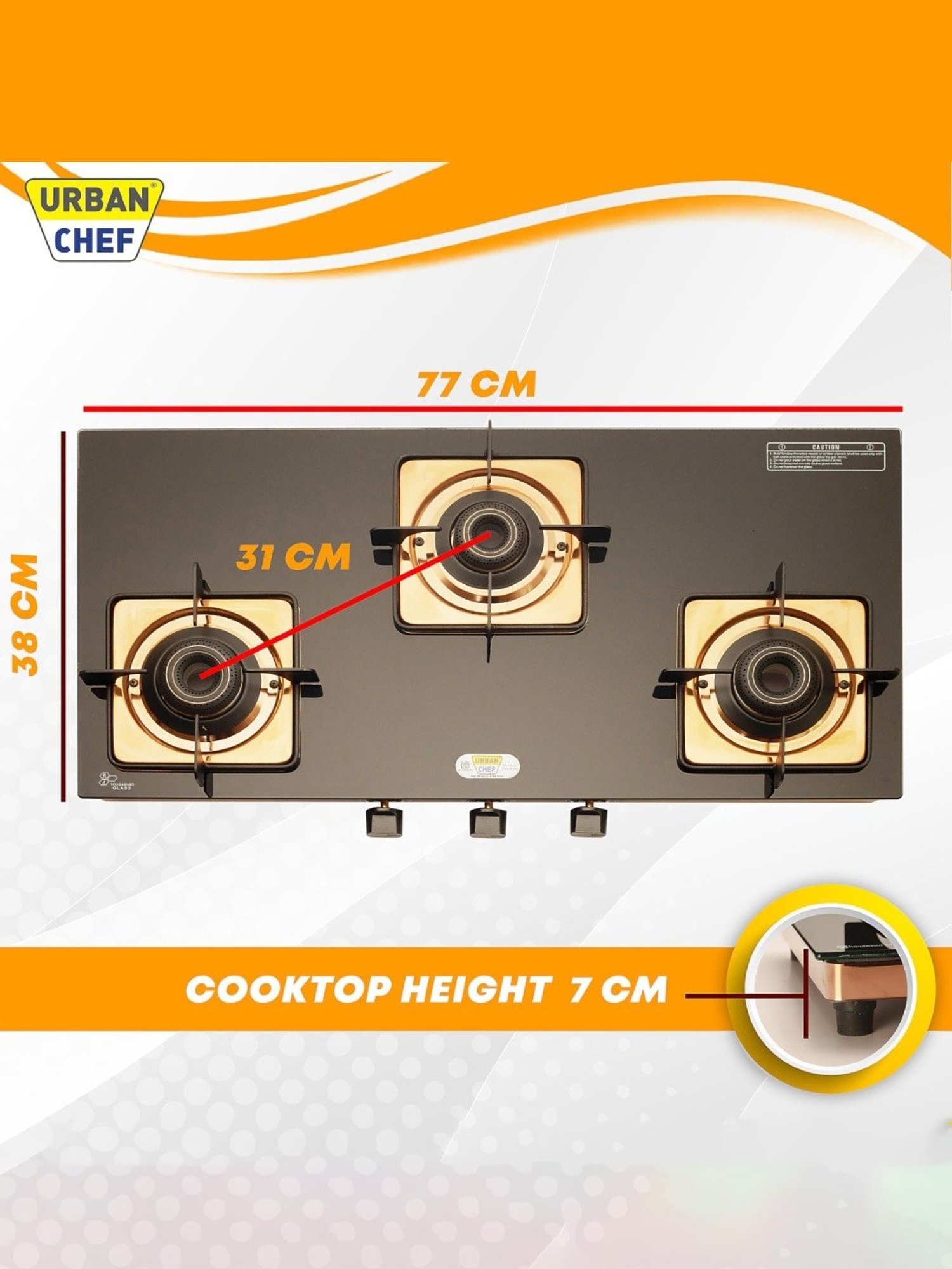 Urban Chef Gas Stove with 3 Burners ( Rose Gold )