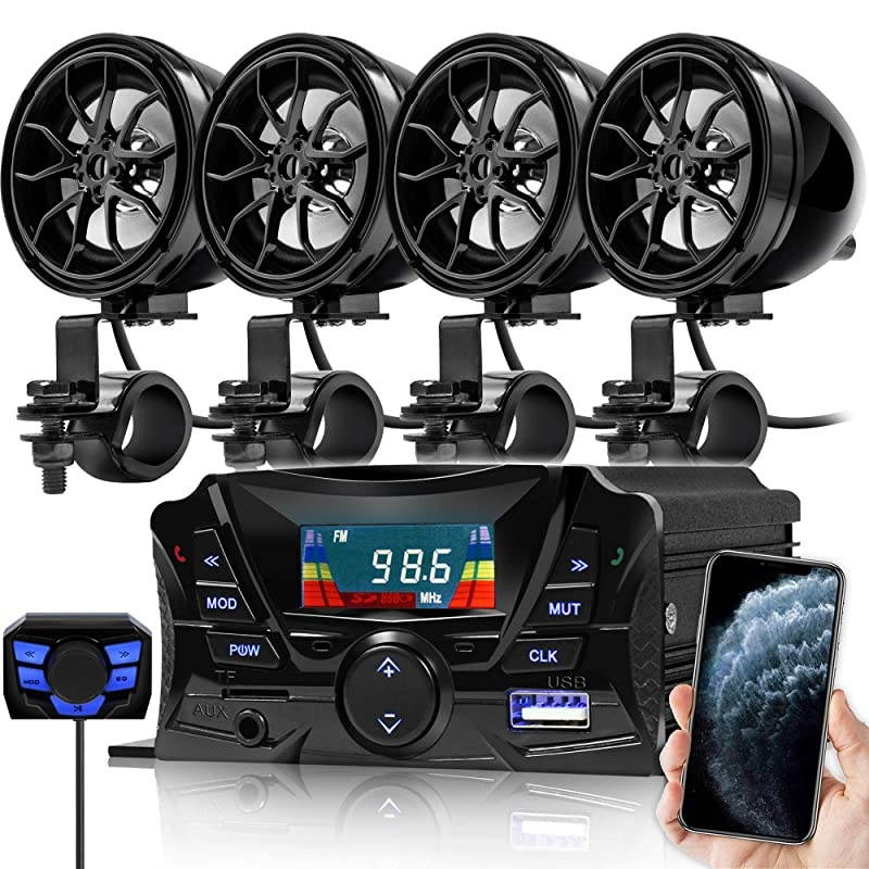 TS3-Q Gen.3 Motorcycle Weatherproof Bluetooth Speakers 7/8-1.25 in. Handlebar Mount MP3 Music Player Sound Audio Stereo Amplifier System ATV UTV w/AUX, USB, Micro SD, FM Radio, 4-Speaker