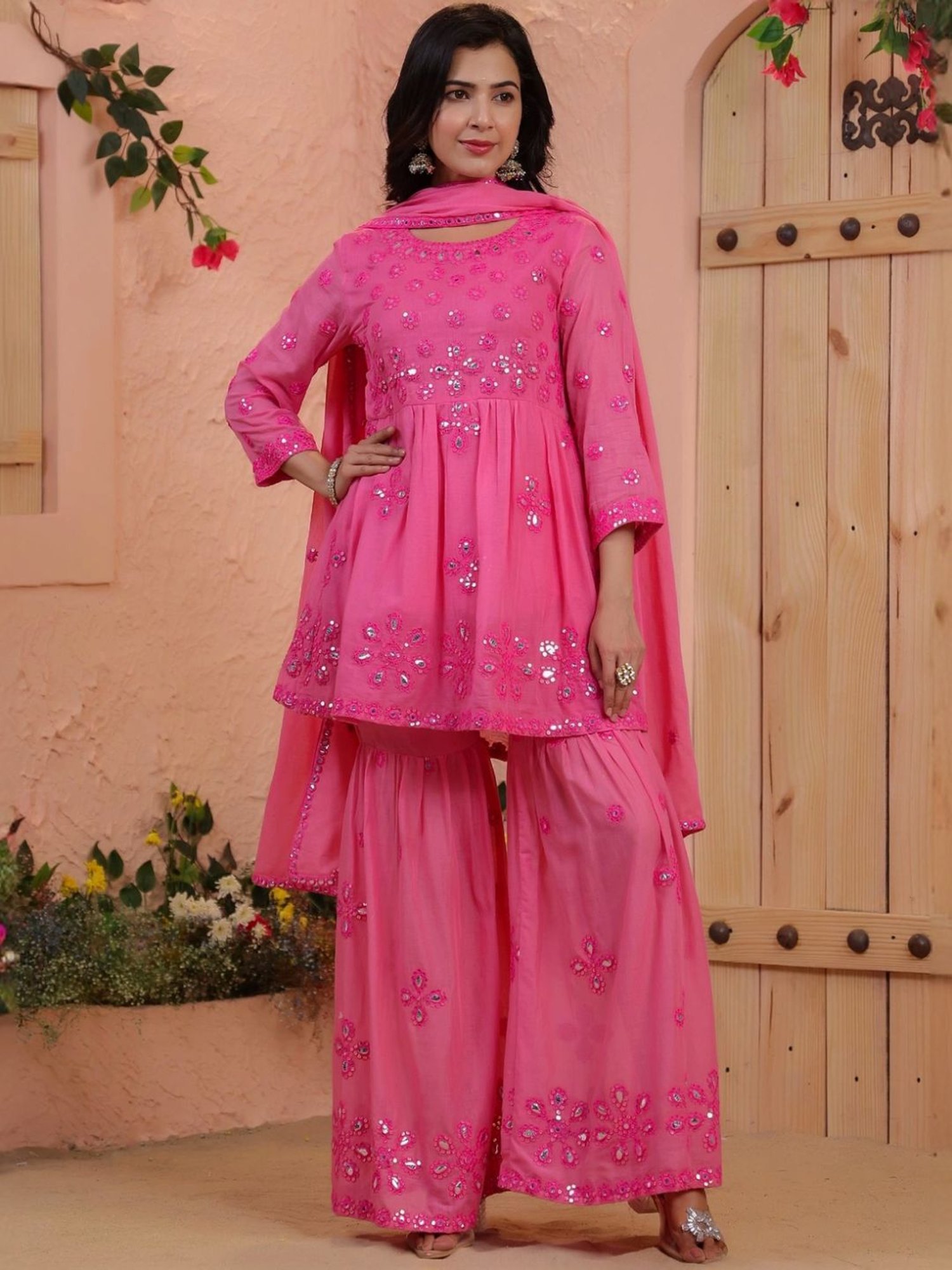 Scakhi Coral Mulmul Mirror & Sequin Embroidered Peplum Kurta with Sharara and Dupatta