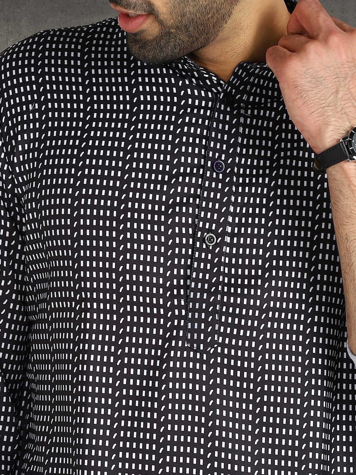 Hangup Plus Black Regular Fit Printed Short Kurta