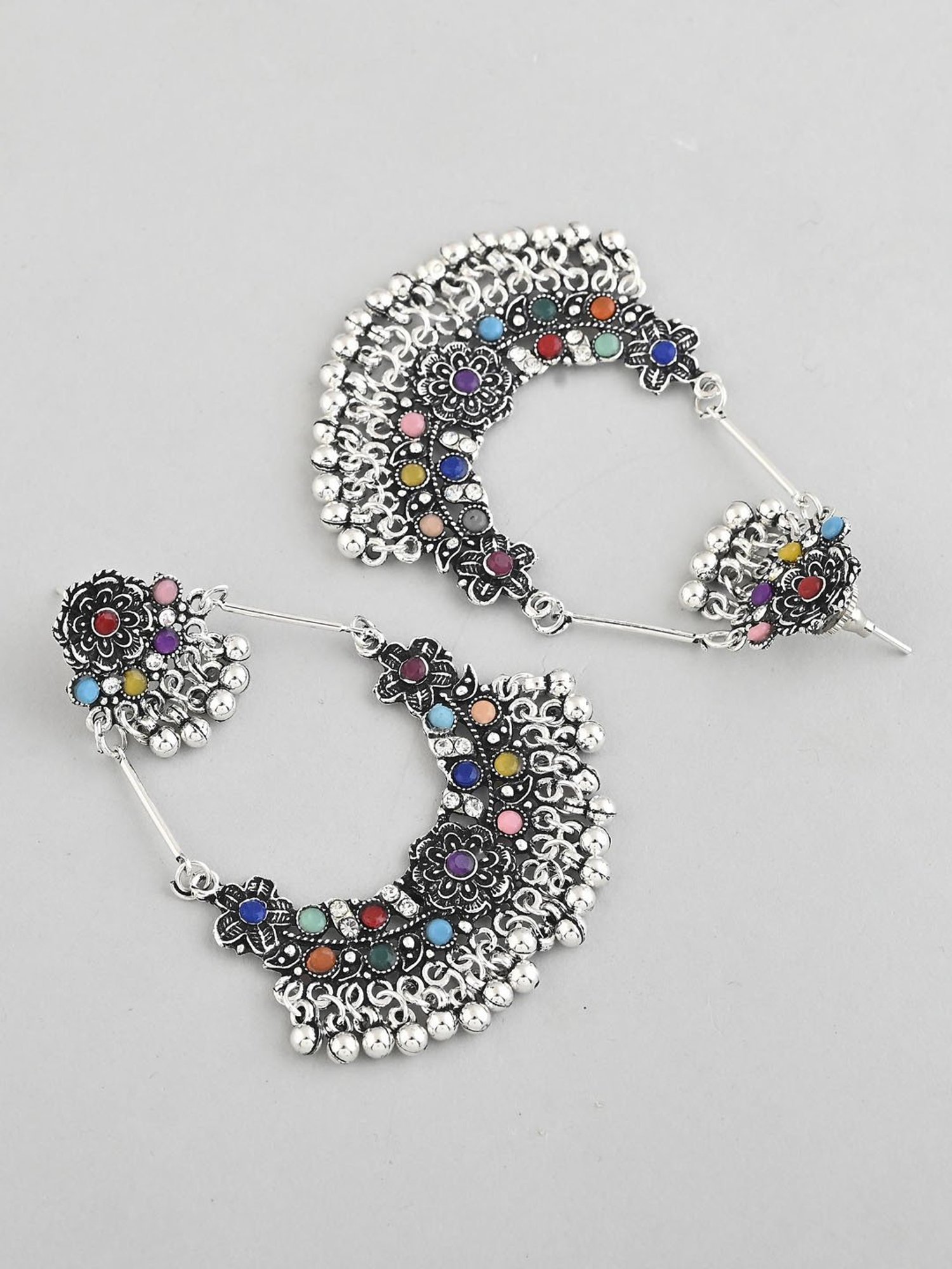 VOJ Silver-Plated Multi Colour Flower Oxidized Shaped Drop Earrings for Women