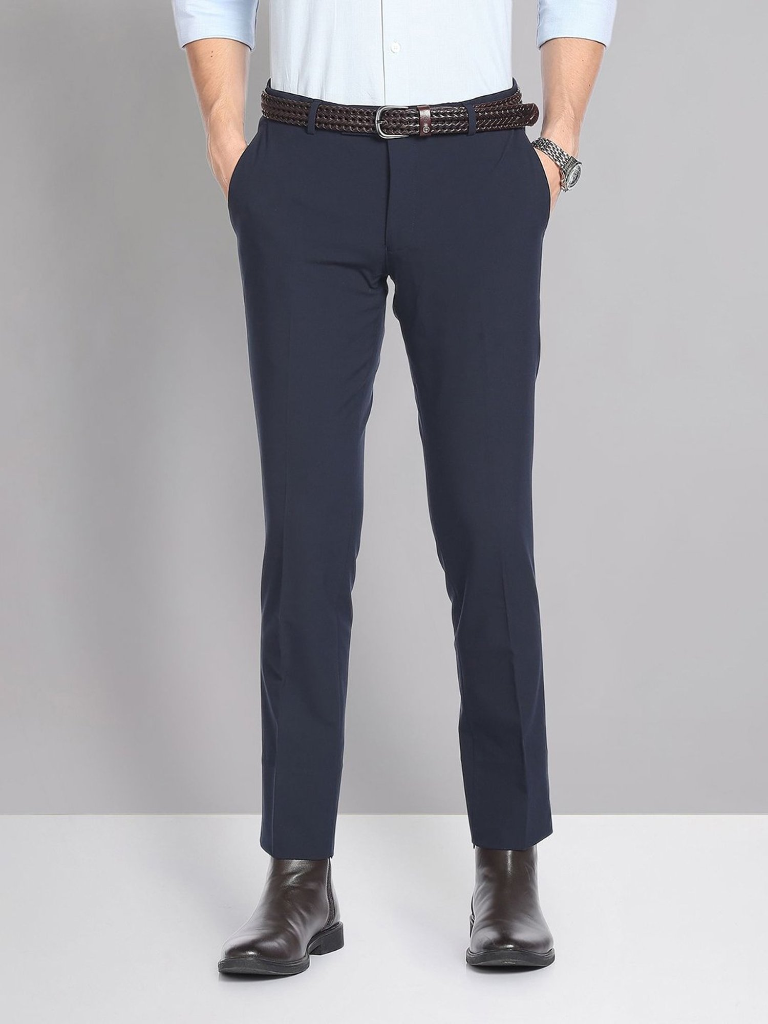 AD by Arvind Navy Slim Fit Flat Front Trousers