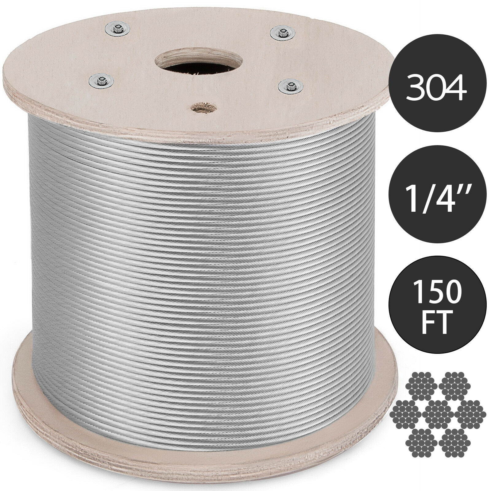 T304 Stainless Steel Cable Wire Rope,1/4",7x19,150ft Petroleum Chemical Strand