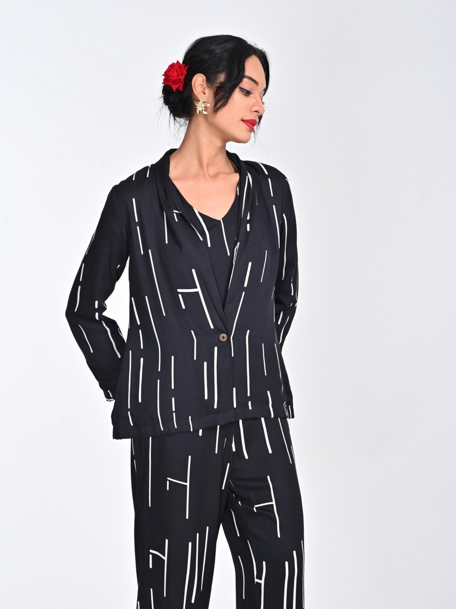 Saltpetre Women Modal Cedar Print Black Shawl Collar Blazer