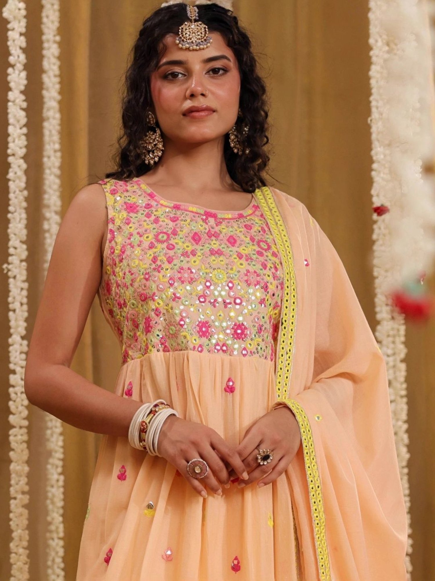 SCAKHI Peach Mulmul Mirror And Sequin Embroidered Sleeveless Gathered Kurta with Pant And Dupatta