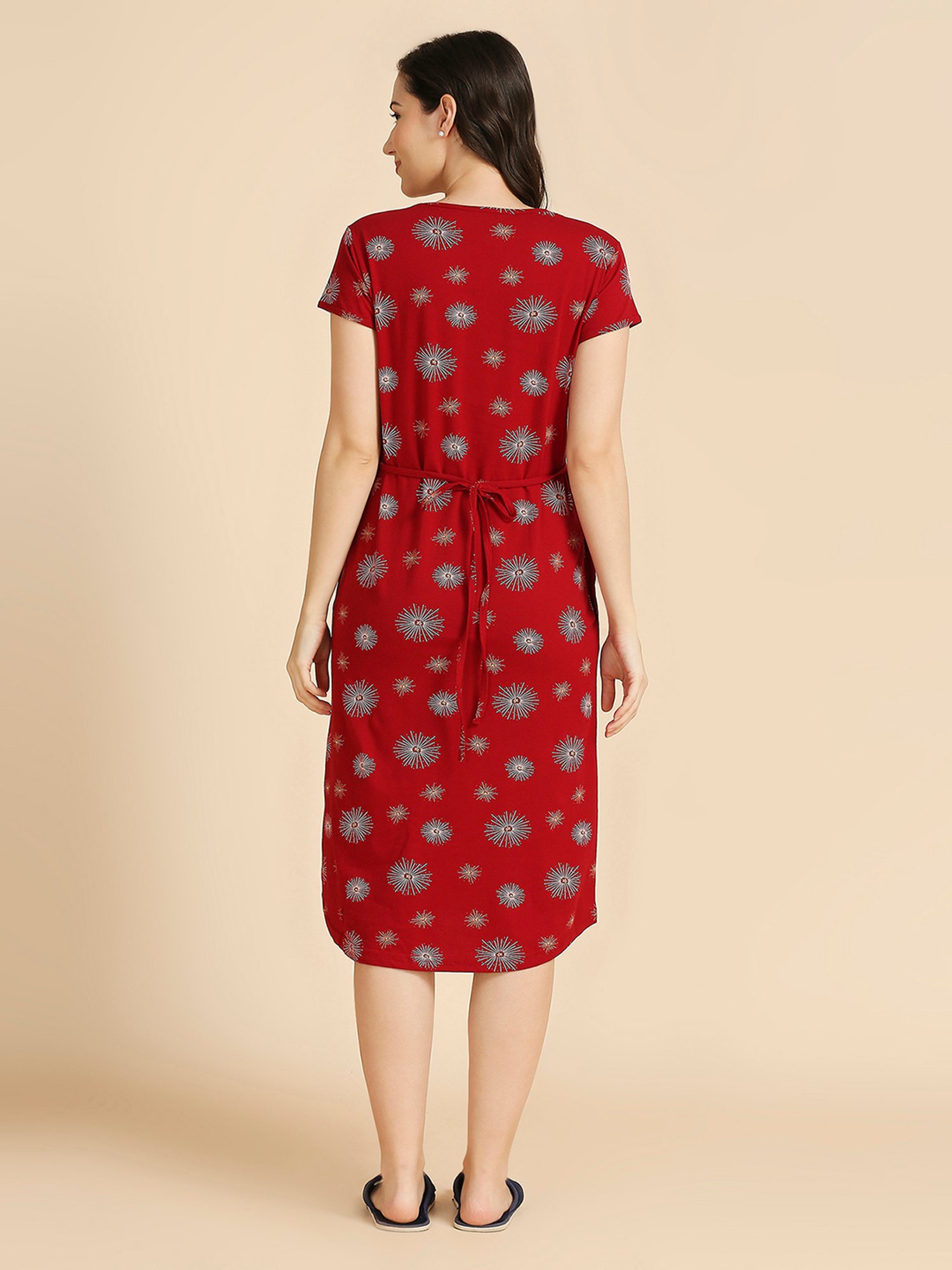 MomToBe Maroon Cotton Printed Feeding Nighty