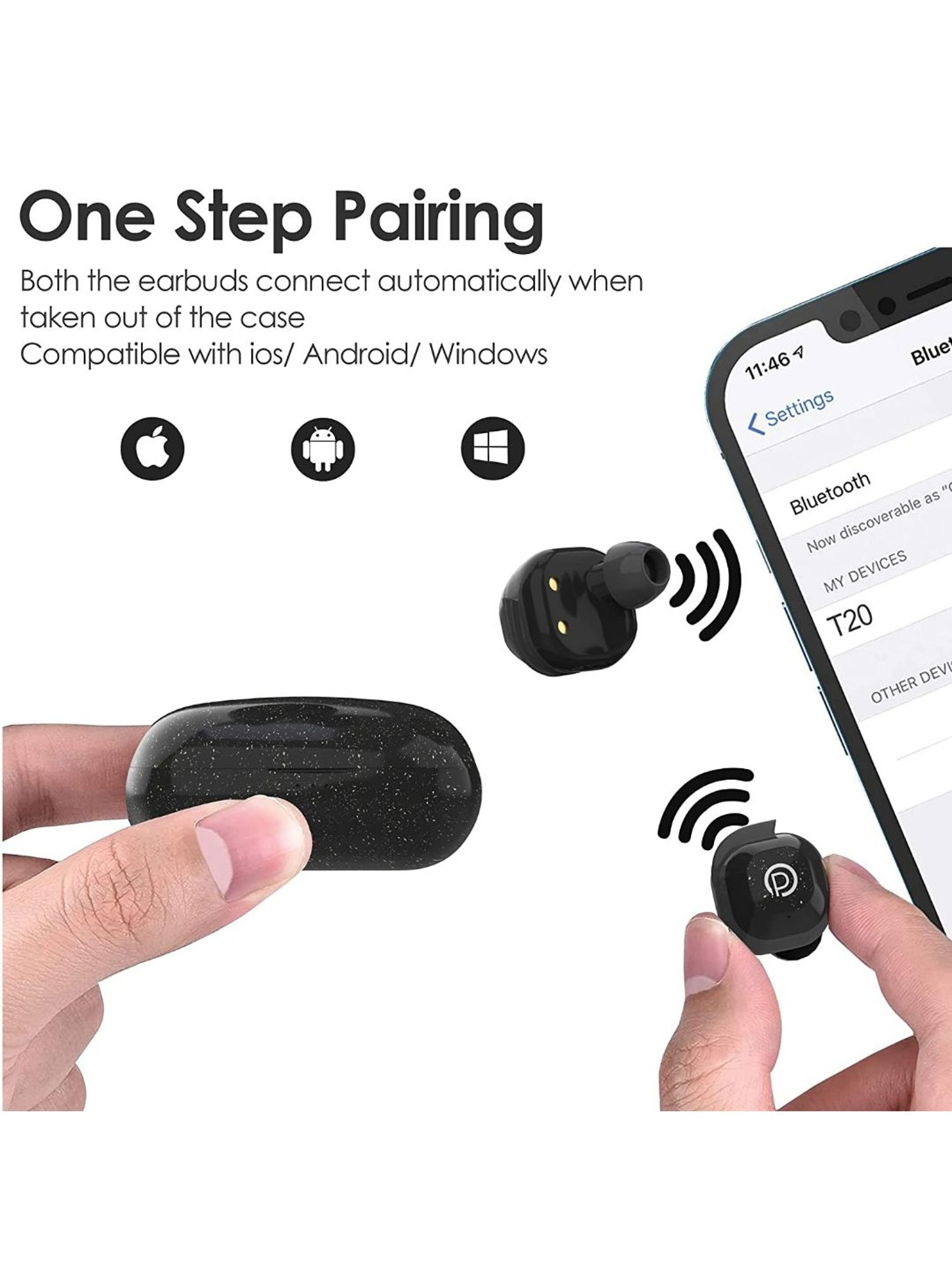 Probus T20 True Wireless (TWS) Bluetooth in-Ear Earbuds with Passive Noise Cancellation (Black)