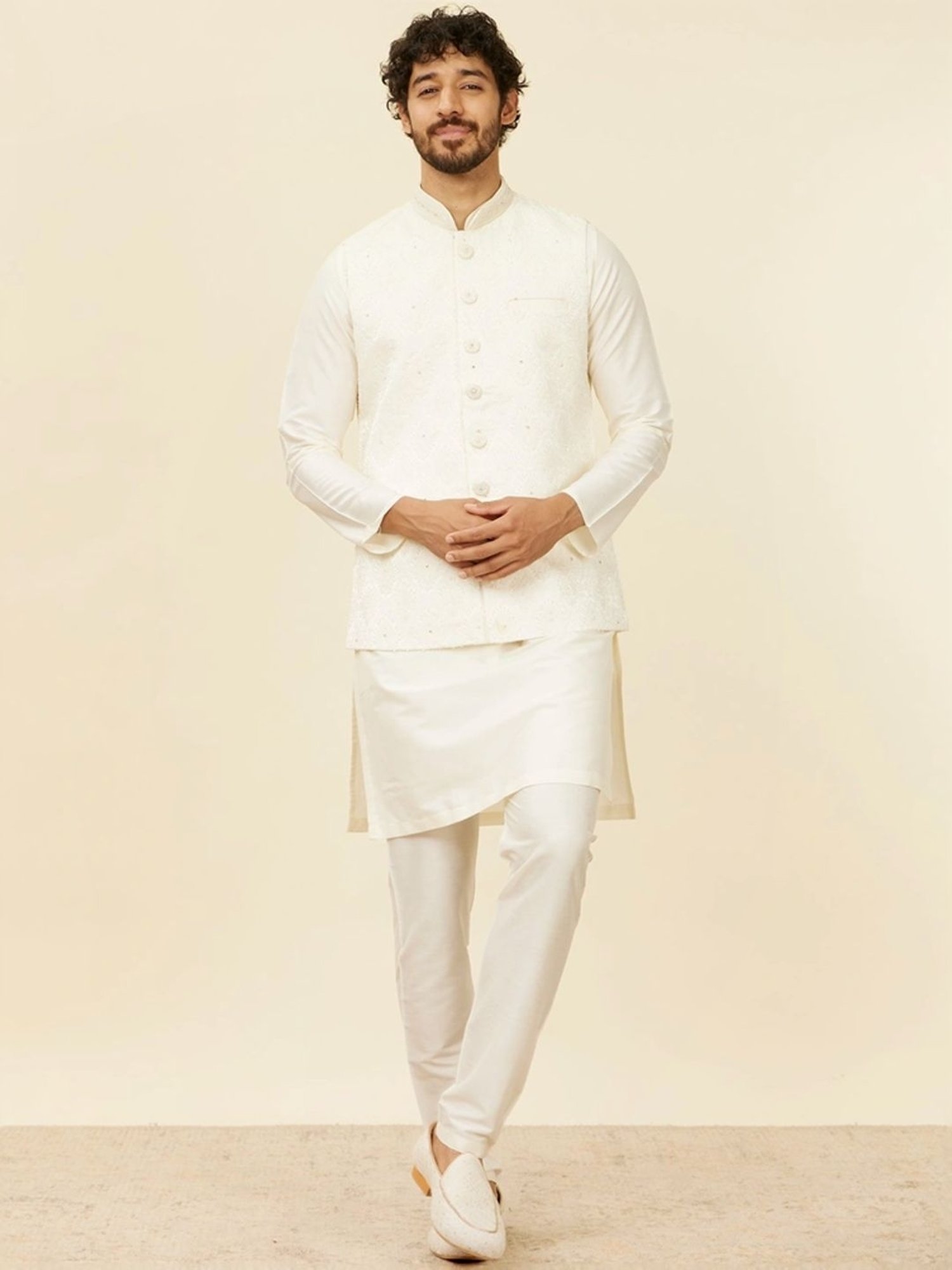Manyavar Warm White Embroidered Nehru Jacket