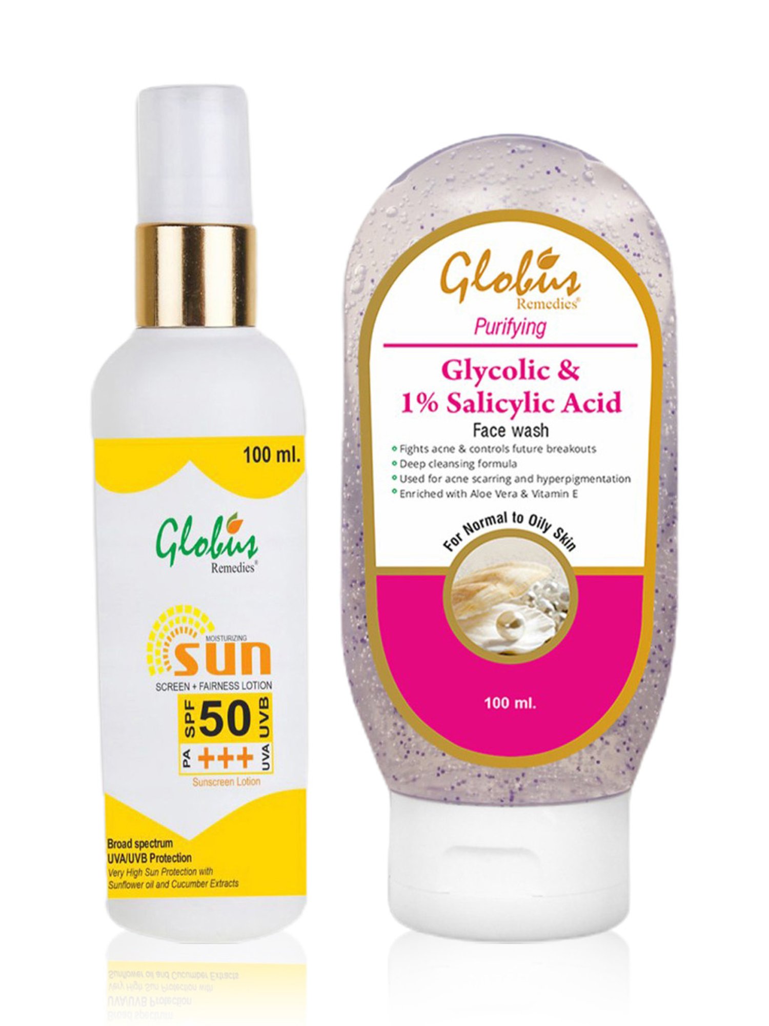 Globus Remedies Sunscreen Fairness Lotion SPF 50+++ & Glycolic & 1% Salicylic Acid Face Wash Combo
