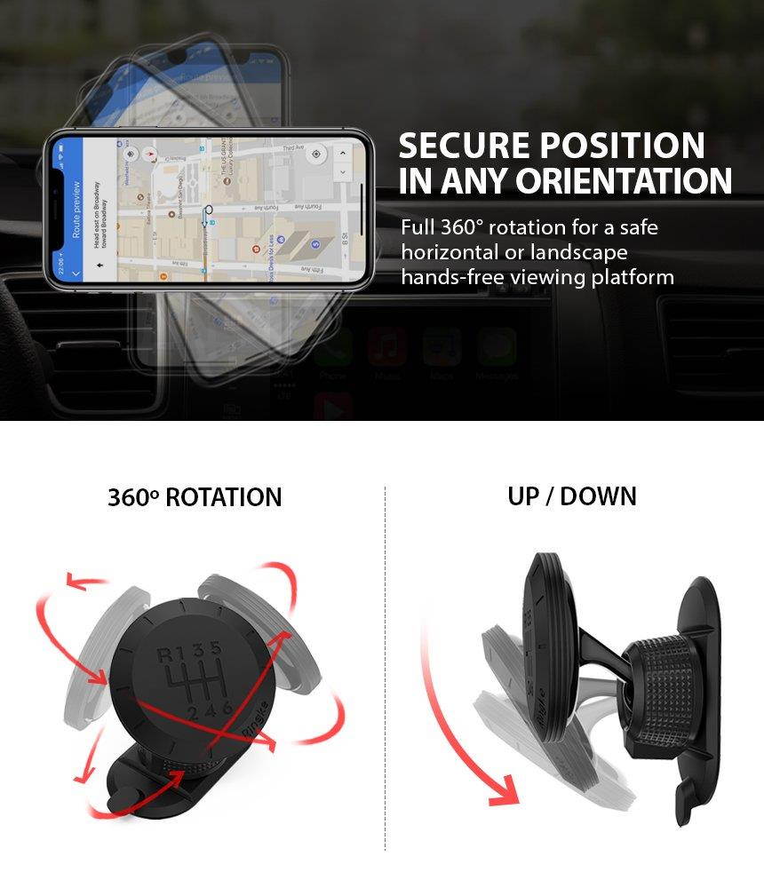 Ringke Magnetic Gear Phone Car Holder with Carbon Fiber Pattern Swivel Lock Universal Powerful Neodymium Magnet 360&deg; Rotation Premium Space Saving Dashboard Stand