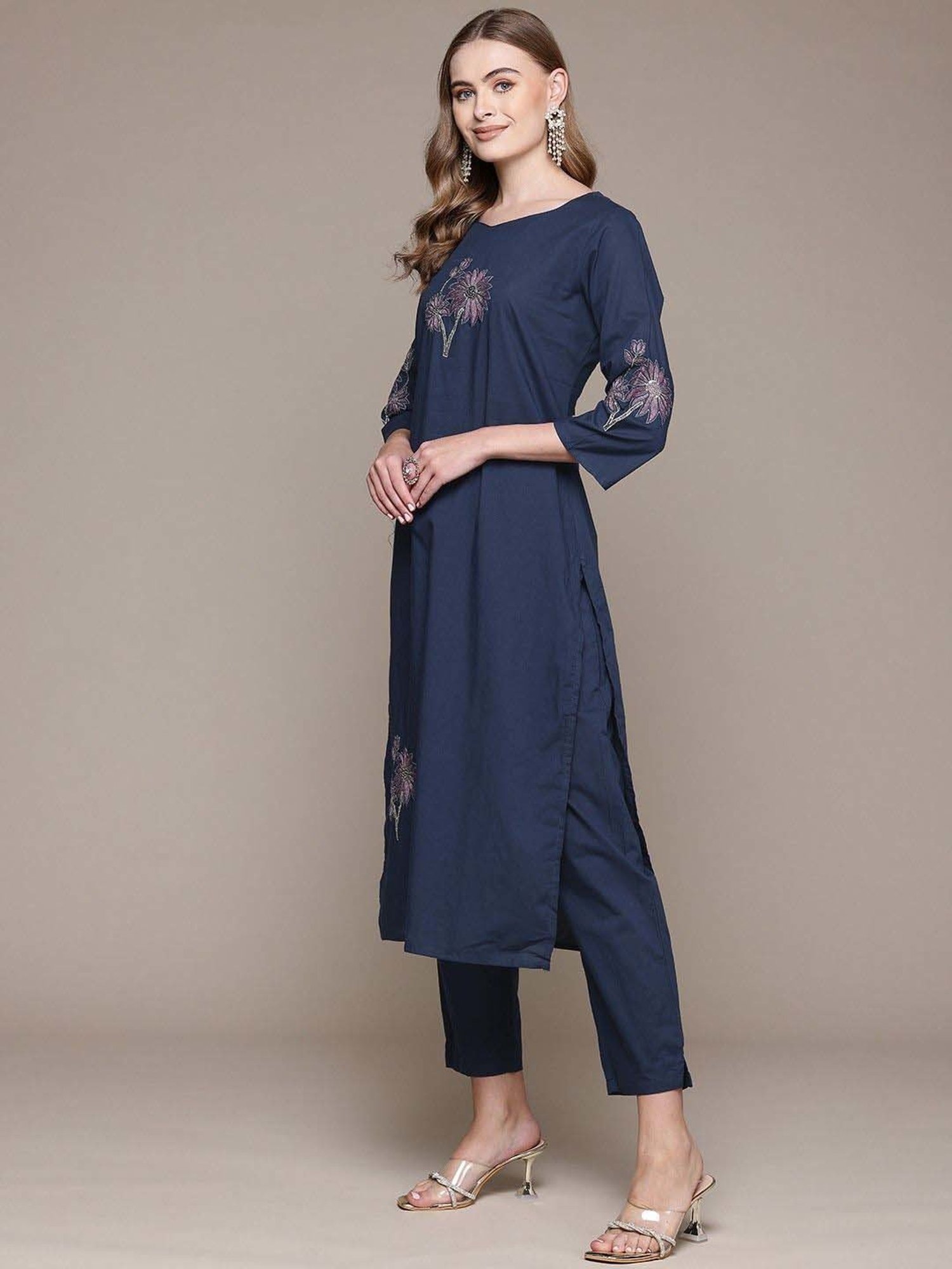 READIPRINT FASHIONS Blue Cotton Embroidered Kurta Pant Set With Dupatta