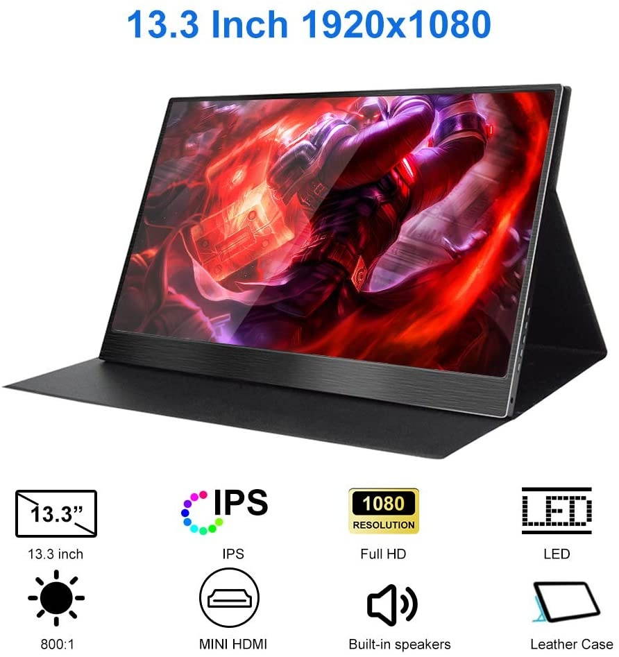 Portable Monitor 13.3 Inch HD 1080 with Type-C/USB-C Mini HDMI Port, Computer Gaming Display Monitors for Mac PS3 PS4 Raspberry Pi Xbox One Laptop Camera Eye Care Screen Include Smart Cover