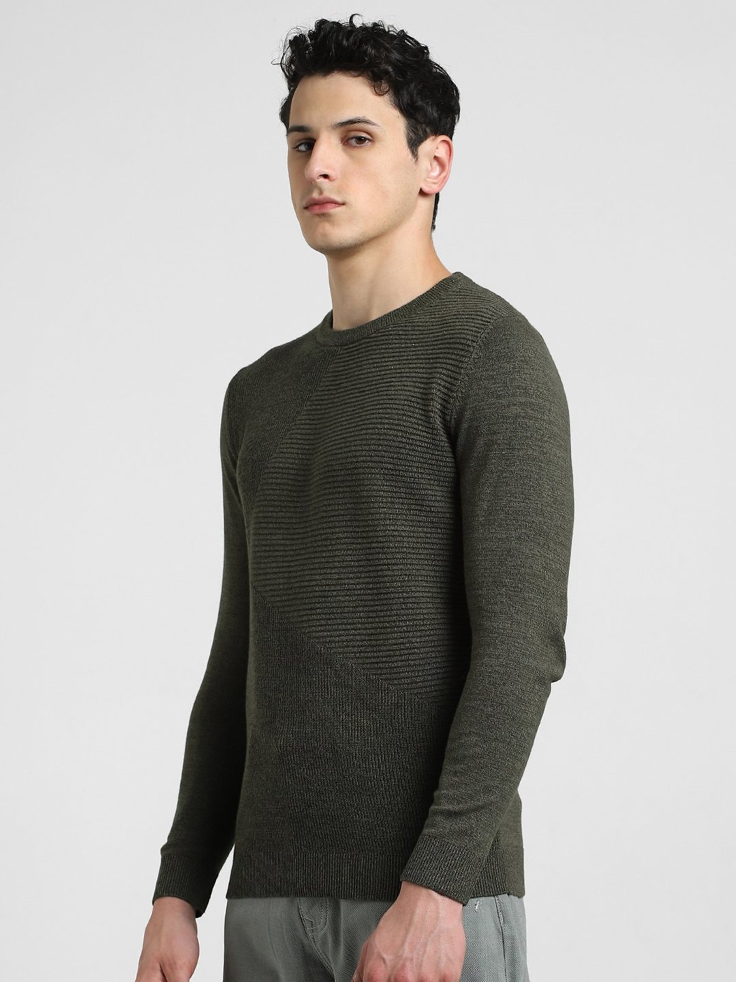 Jack & Jones Dusty Olive Slim Fit Textured Cotton Sweater