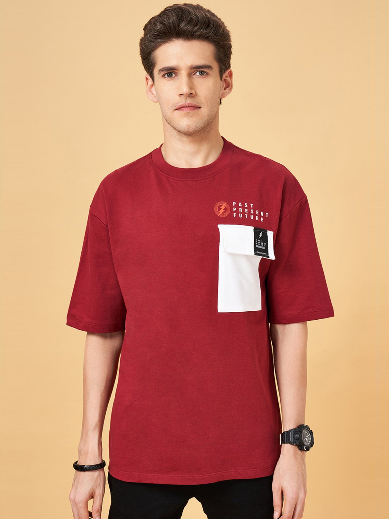 SF Jeans by Pantaloons Beet Red Cotton Regular Fit Printed T-Shirt