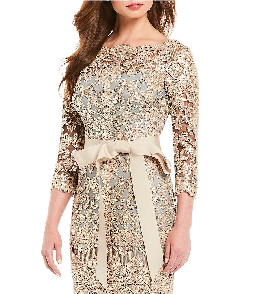 Tadashi Shoji Boat Neck Sequin Lace Illusion Ribbon Belt Gown