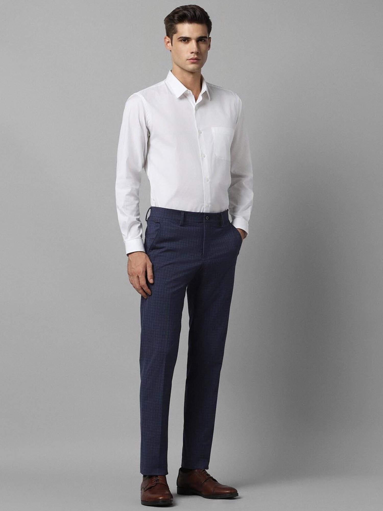 Louis Philippe Navy Slim Fit Checks Trousers