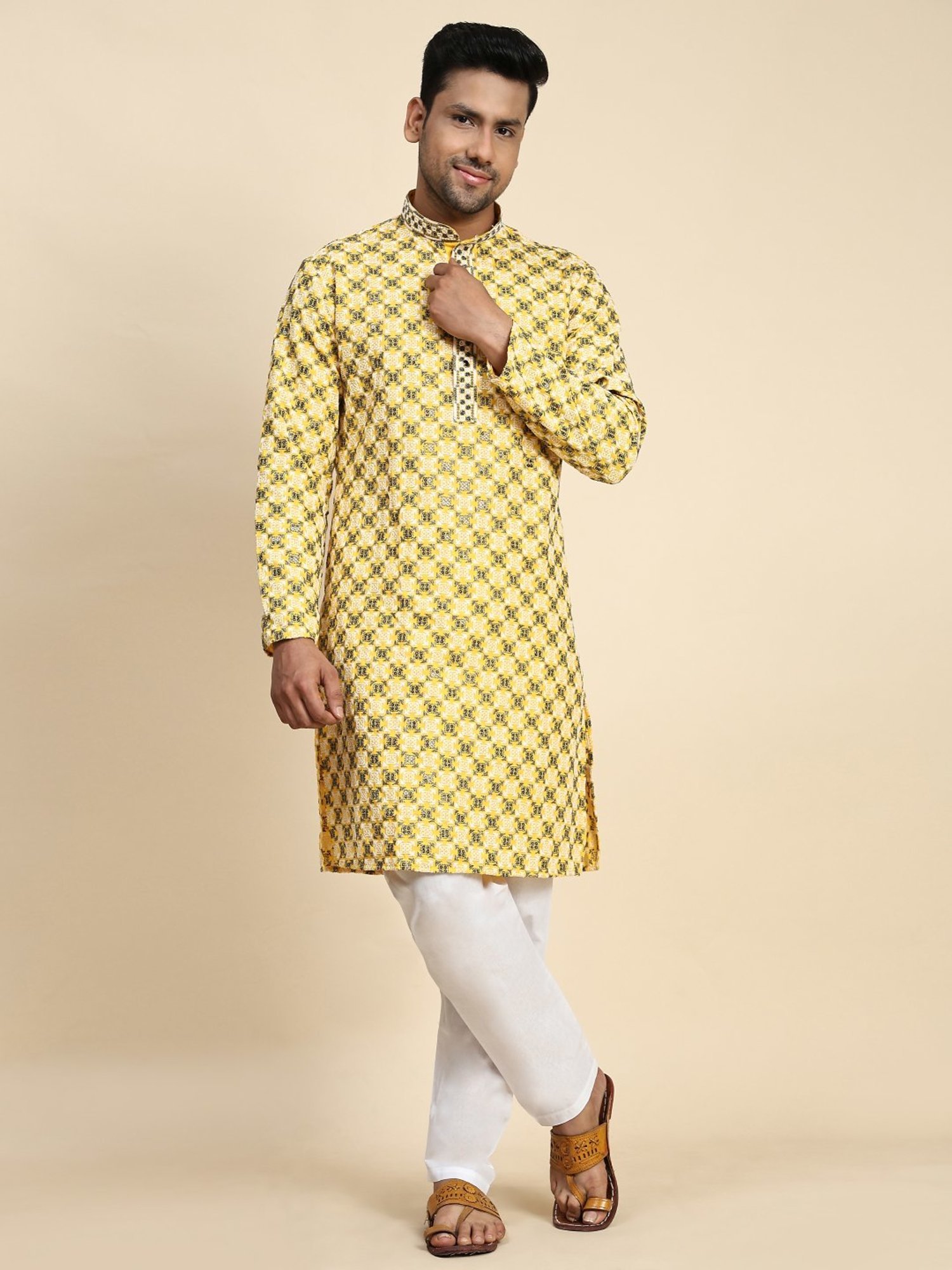 Pro-Ethic Style Developer Yellow & White Cotton Regular Fit Embellished Kurta Bottom Set